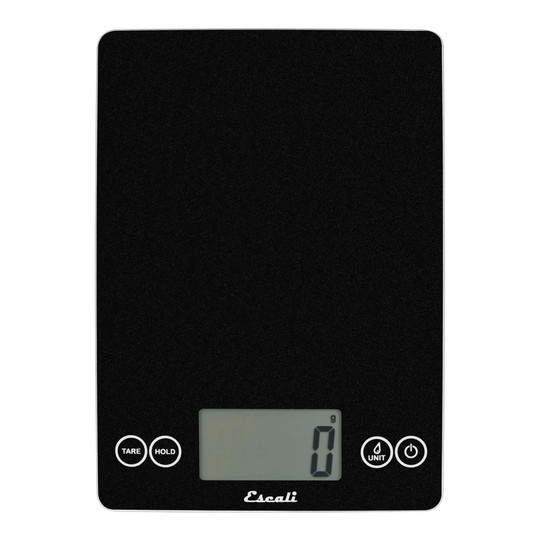 Black glass digital ingredient scale with display and touch-sensitive controls