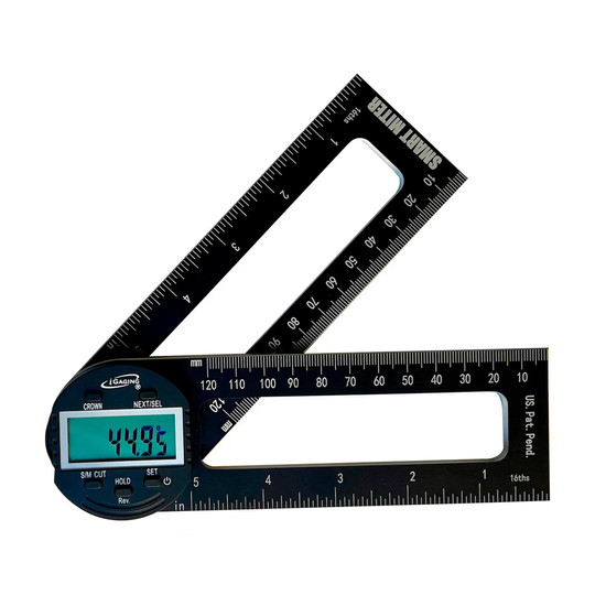 Digital miter protractor with black aluminum blades and LCD angle display