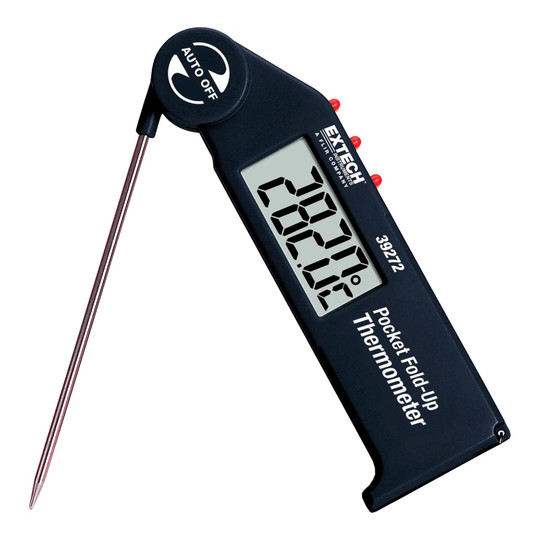 Black pocket fold-up thermometer with adjustable stainless steel probe