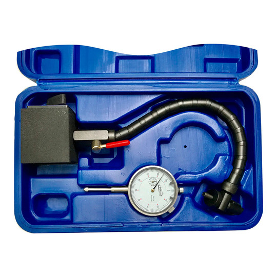 Dial indicator with white dial, flex arm holder, and magnetic base