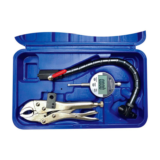 Electronic indicator with flexible arm holder and curved-jaw clamp
