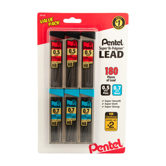 HB Graphite Mechanical Pencil Lead, 0.5/0.7 mm, 30 Leads per Tube, 6-Pack