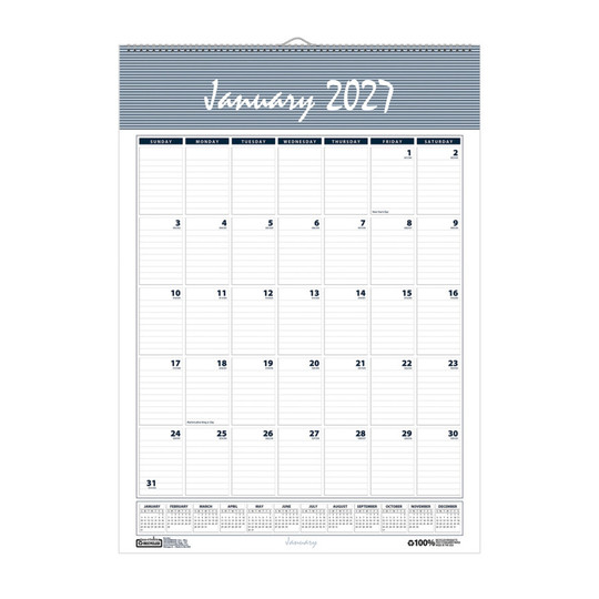 Recycled Monthly Wall Calendar, Blue, 15.5 x 22 Inches