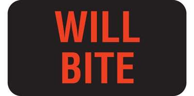 Veterinary Care Instruction Label "Will Bite" -  1-5/8"W  x 7/8"H  - Black & Fl-Red - 560/Roll