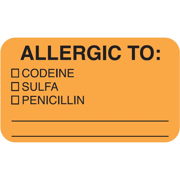 Allergy Label - "Allergic To: Codeine, Sulfa, Penicillin" -   1 1/2" x 7/8" - Fl. Orange - Box of 250