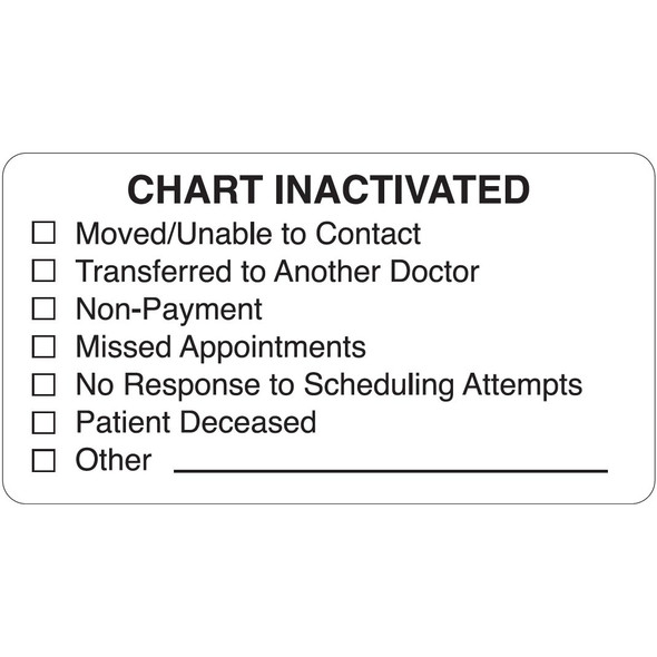 "Chart Inactivated" Label - 3-1/4" x 1-3/4" - White/Black - 250/Roll