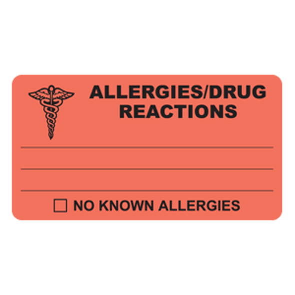 "Allergies/Drug Reactions" Label - Fl. Red - 4" x 2-1/2" - 100/Box