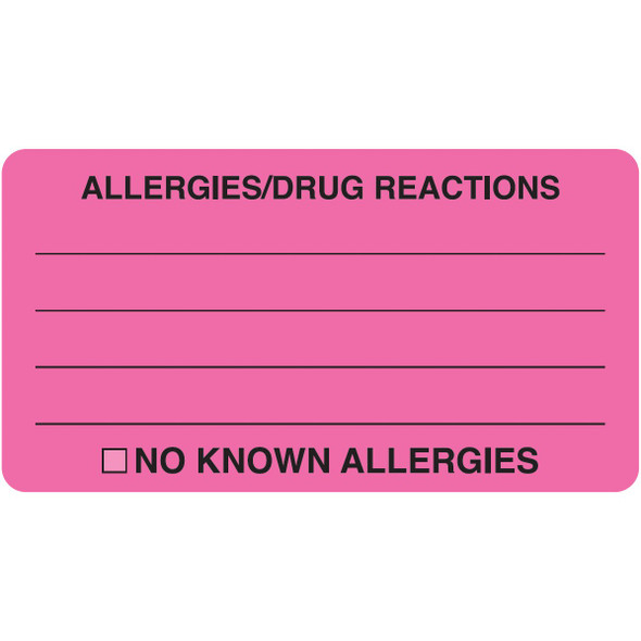 "Allergies/Drug Reactions" Label - 3-1/4" x 1-3/4" - Fl. Pink - 250/Box