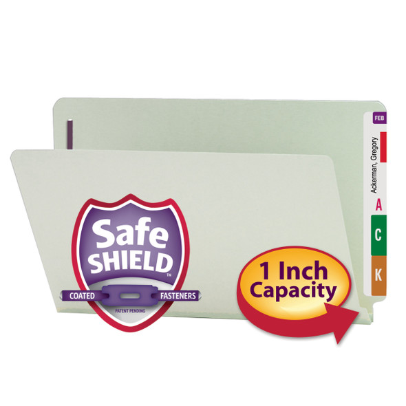 Smead End Tab Pressboard Fastener Folder with SafeSHIELD Fastener, 2 Fasteners, Legal, Gray/Green (37705) - Carton of 125