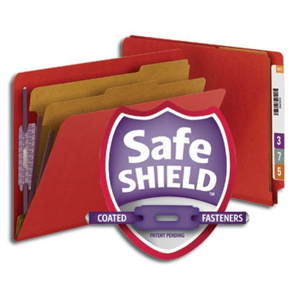 Smead End Tab Pressboard Classification Folder with SafeSHIELD Fasteners, 2 Dividers, Bright Red  (26783)