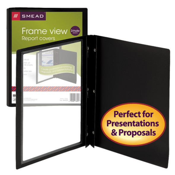 Smead Frame View Poly Report Cover, Three 1/2" Fasteners, Side Fastener, Up to 80 Sheets, Letter Size, Black/Clear Front, 5 per Pack (86020) - 10 Packs