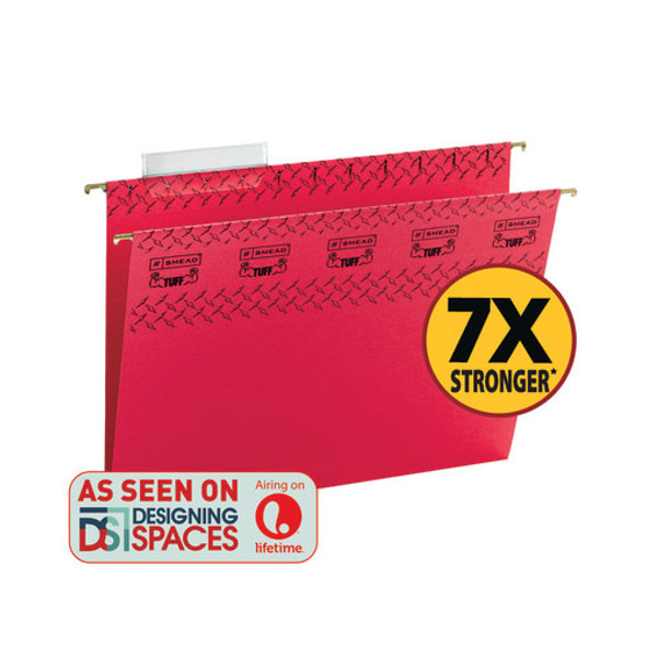 Smead TUFF Hanging File Folder with Easy Slide?? Tab, 1/3-Cut Sliding Tab, Letter Size, Red, 18 per Box (64043)