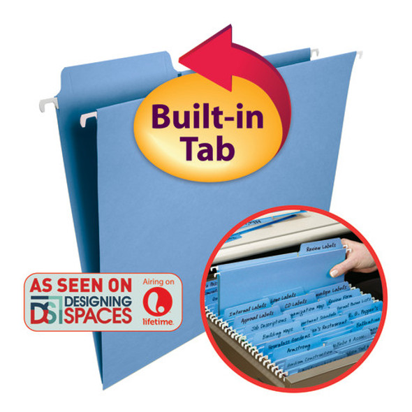 Smead FasTab Hanging File Folder, 1/3-Cut Built-In Tab, Letter Size, Blue, 20 per Box (64099)