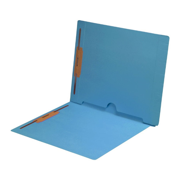 BLUE Colored Letter Size End Tab Folder with Full Pocket on Inside Back Open towards Spine and 2" Fasteners on inside front and back - 11 PT Blue stock - 50/Box