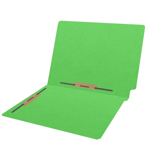 End Tab Folder, 11 Pt. Green Colored Stock - Letter Size - Reinforced Tab - Bonded Fasteners in Positions 3 & 5 - 100/Box