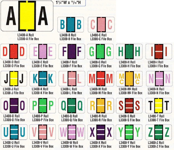 AmeriFile POS Compatible Alpha Labels - 3400 Series (Rolls) - Dimensions: 1 5/8 W x 15/16 H - Letter A - Yellow - Roll of 500