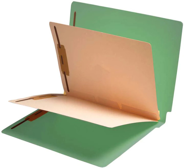 Economy 2 Divider Folders - 14 Pt. Green Colored Folder with 2 Dividers - Letter Size - Full Cut Reinforced End Tab -  4 Fasteners - 25/Box