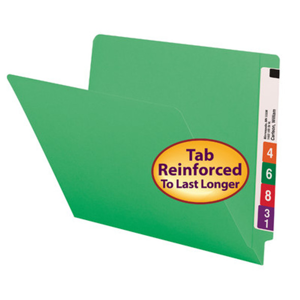End Tab File Folder with Fasteners in Positions 3 & 5 - 14 Pt. Green - Letter Size -Reinforced Tab Full End Tab - 250/Carton