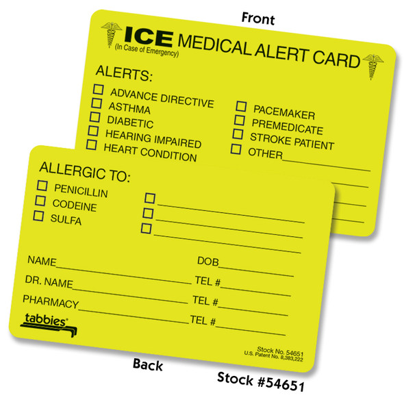 Tabbies 54651 - MEDICAL INFORMATION CARDS PRACTICE MARKETING/GIVEAWAYS, ICE CARD ALERT CARD, FLUORESCENT YELLOW, 2-1/8"H x 3-3/8"W, 100/BOX
