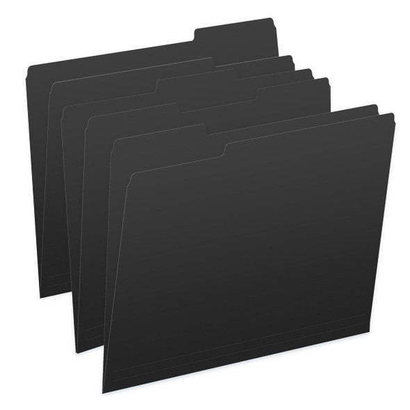 Black Letter Size Top Tab Single Ply Folders with 1/3 Cut Assorted Tabs, 11 pt Black Stock, 100/Box
