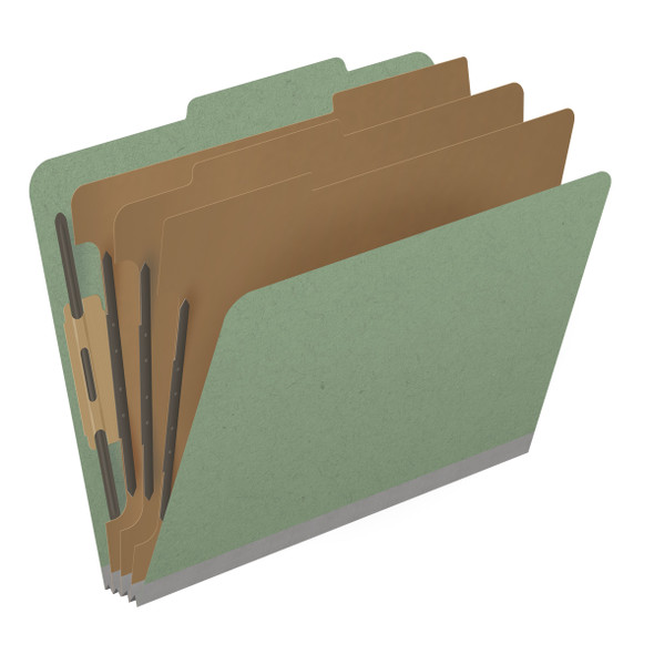 Green letter size top tab three divider classification folder with 3" gray tyvek expansion, with 2" bonded fasteners on inside front and inside back and 1" duo fastener on dividers. 25 pt type 3 pressboard stock covers. Packaged 10/50.