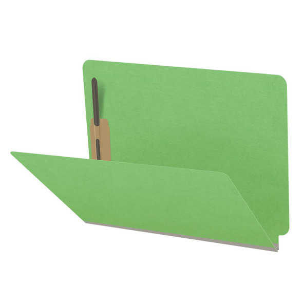 Green letter size end tab classification folder with 2" gray tyvek expansion and 2" bonded fasteners on inside front and inside back. 18 pt. paper stock. Packaged 25/125.