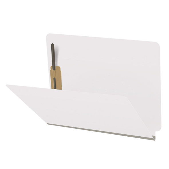 White letter size end tab classification folder with 2" gray tyvek expansion and 2" bonded fasteners on inside front and inside back. 18 pt. paper stock. Packaged 25/125.