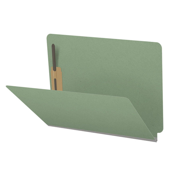 Green letter size end tab classification folder with 2" gray tyvek expansion and 2" bonded fasteners on inside front and inside back. 25 pt type 3 pressboard stock. Packaged 25/125.