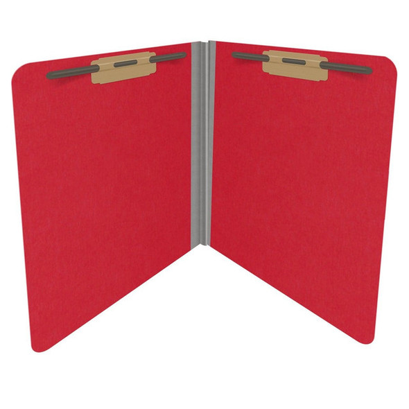 Deep red letter size end tab classification folder with 2" gray tyvek expansion and 2" bonded fasteners on inside front and inside back. 25 pt type 3 pressboard stock. Packaged 25/125