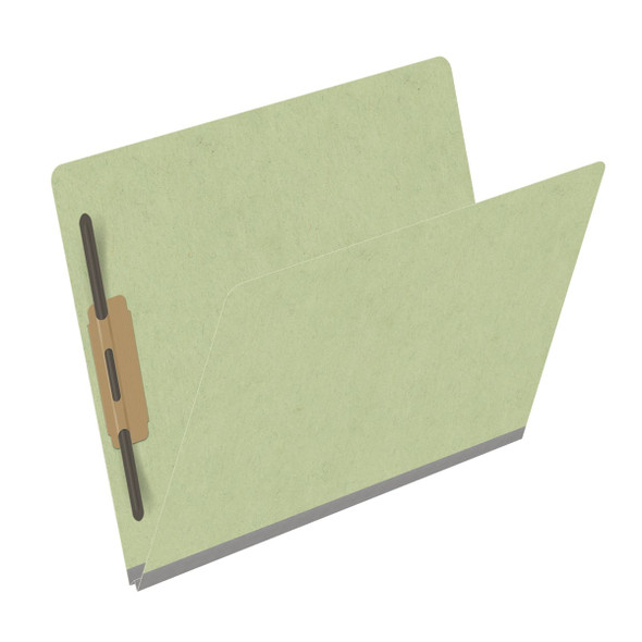Peridot green letter size end tab classification folder with 2" dark green tyvek expansion and 2" bonded fasteners on inside front and inside back. 25 pt type 3 pressboard stock. Packaged 25/125.