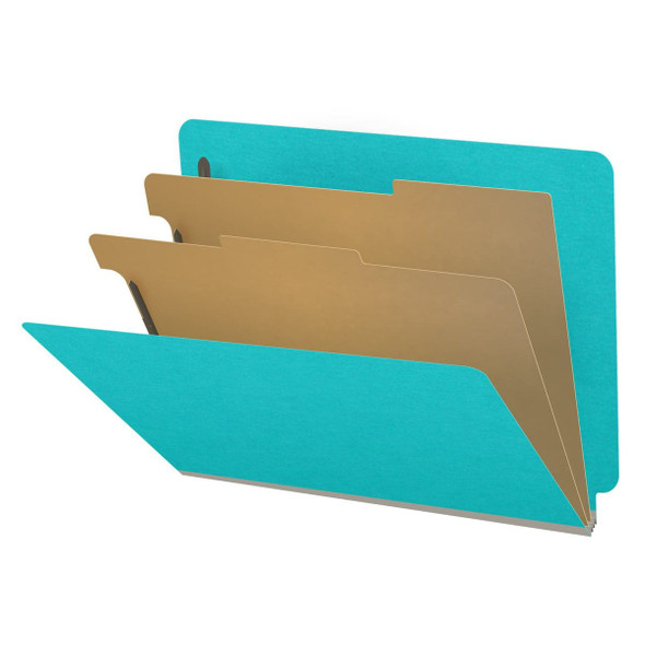 Light blue letter size end tab classification folder with 2" gray tyvek expansion, with 2" bonded fasteners on inside front and inside back and 1" duo fastener on dividers. 18 pt. paper stock and 17 pt brown kraft dividers. Packaged 10/50.