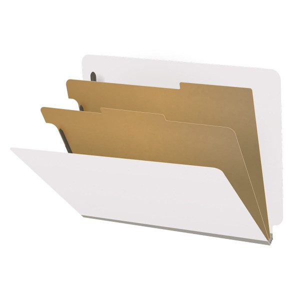 White letter size end tab classification folder with 2" gray tyvek expansion, with 2" bonded fasteners on inside front and inside back and 1" duo fastener on dividers. 18 pt. paper stock and 17 pt brown kraft dividers. Packaged 10/50.