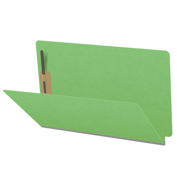 Green legal size end tab classification folder with 2" gray tyvek expansion and 2" bonded fasteners on inside front and inside back. 18 pt. paper stock. Packaged 25/125.