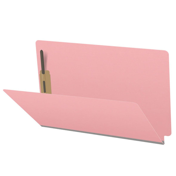 Pink legal size end tab classification folder with 2" gray tyvek expansion and 2" bonded fasteners on inside front and inside back. 18 pt. paper stock. Packaged 25/125.