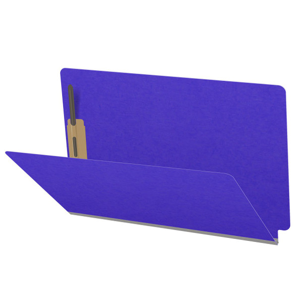 Purple legal size end tab classification folder with 2" gray tyvek expansion and 2" bonded fasteners on inside front and inside back. 18 pt. paper stock. Packaged 25/125.