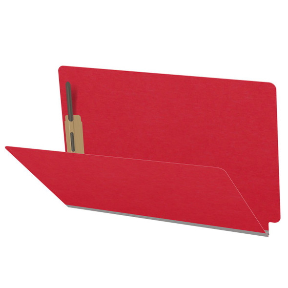 Red legal size end tab classification folder with 2" gray tyvek expansion and 2" bonded fasteners on inside front and inside back. 18 pt. paper stock. Packaged 25/125.
