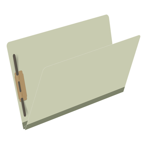 Green legal size end tab classification folder with 2" gray tyvek expansion and 2" bonded fasteners on inside front and inside back. 25 pt type 3 pressboard stock. Packaged 25/125.