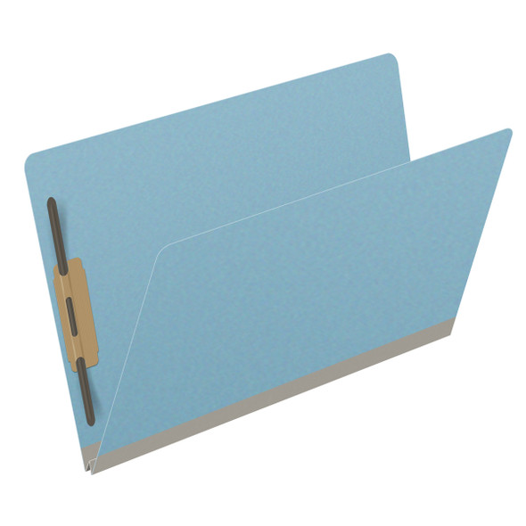 Blue legal size end tab classification folder with 2" gray tyvek expansion and 2" bonded fasteners on inside front and inside back. 25 pt type 3 pressboard stock. Packaged 25/125.