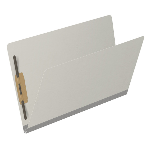 Grey legal size end tab classification folder with 2" gray tyvek expansion and 2" bonded fasteners on inside front and inside back. 25 pt type 3 pressboard stock. Packaged 25/125.