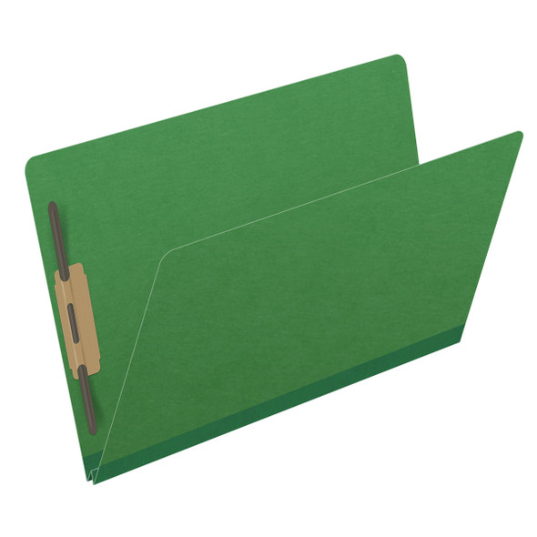 Moss green legal size end tab classification folder with 2" dark green tyvek expansion and 2" bonded fasteners on inside front and inside back. 25 pt type 3 pressboard stock. Packaged 25/125