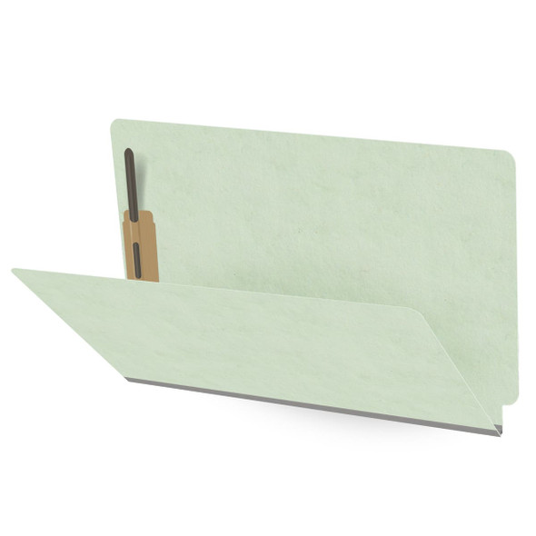 Pale green legal size end tab classification folder with 2" gray tyvek expansion and 2" bonded fasteners on inside front and inside back. 25 pt type 3 pressboard stock. Packaged 25/125.
