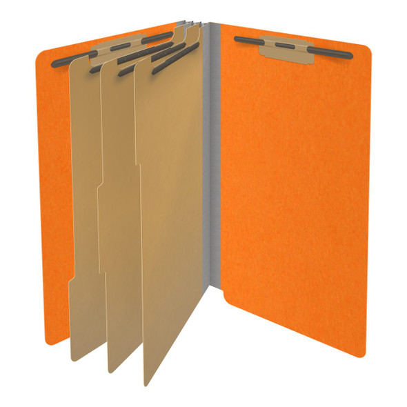 Orange legal size end tab classification folder with 3" gray tyvek expansion, with 2" bonded fasteners on inside front and inside back and 1" duo fastener on dividers. 18 pt. paper stock and 17 pt brown kraft dividers. Packaged 10/50.