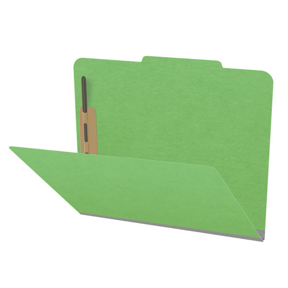 Green letter size top tab classification folder with 2" gray tyvek expansion and 2" bonded fasteners on inside front and inside back. 18 pt. paper stock. Packaged 25/125.