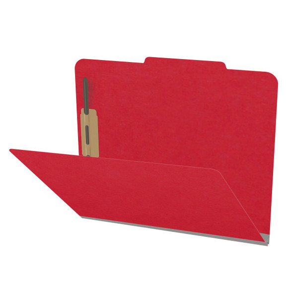 Red letter size top tab classification folder with 2" gray tyvek expansion and 2" bonded fasteners on inside front and inside back. 18 pt. paper stock. Packaged 25/125.