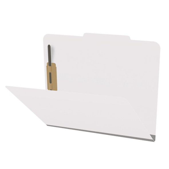 White letter size top tab classification folder with 2" gray tyvek expansion and 2" bonded fasteners on inside front and inside back. 18 pt. paper stock. Packaged 25/125.