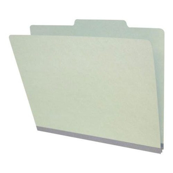 Grey green letter size top tab classification folder with 2" gray tyvek expansion and 2" bonded fasteners on inside front and inside back. 25 pt type 2 pressboard stock. Packaged 25/125.