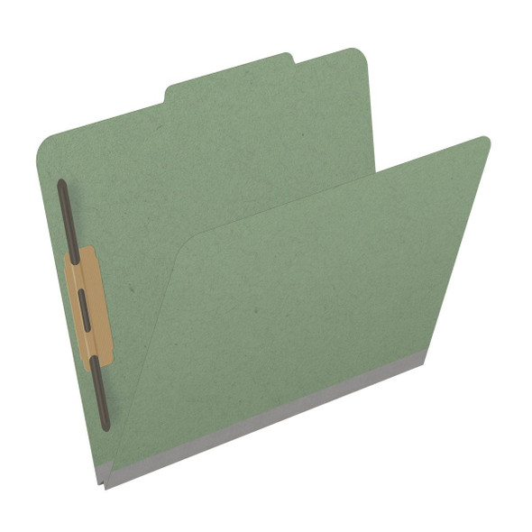 Green letter size top tab classification folder with 2" gray tyvek expansion and 2" bonded fasteners on inside front and inside back. 25 pt type 3 pressboard stock. Packaged 25/125.