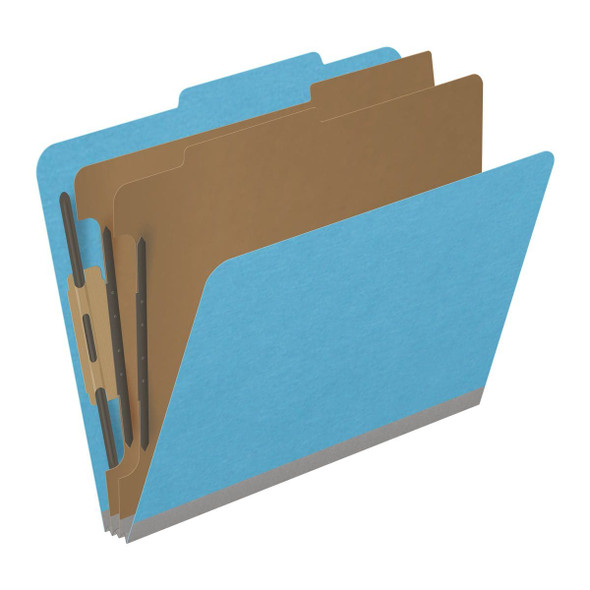 Blue letter size top tab classification folder with 2" gray tyvek expansion, with 2" bonded fasteners on inside front and inside back and 1" duo fastener on dividers. 18 pt. paper stock and 17 pt brown kraft dividers. Packaged 10/50.