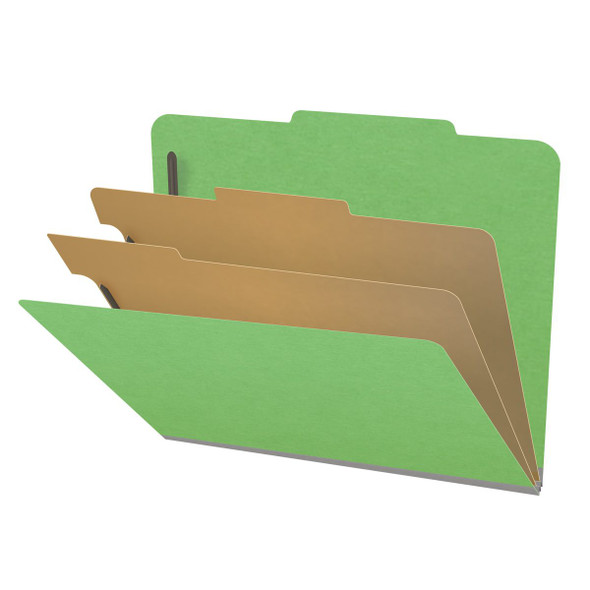Green letter size top tab classification folder with 2" gray tyvek expansion, with 2" bonded fasteners on inside front and inside back and 1" duo fastener on dividers. 18 pt. paper stock and 17 pt brown kraft dividers. Packaged 10/50.