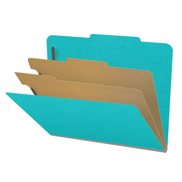Light blue letter size top tab classification folder with 2" gray tyvek expansion, with 2" bonded fasteners on inside front and inside back and 1" duo fastener on dividers. 18 pt. paper stock and 17 pt brown kraft dividers. Packaged 10/50.